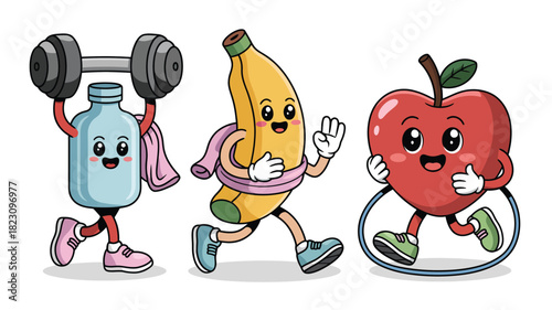 Happy health and fitness cartoon mascots