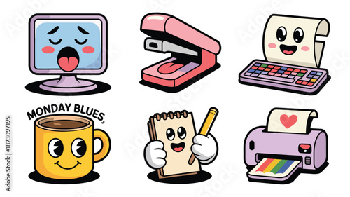 Cute cartoon office supplies and tech icons