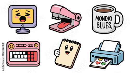 Cartoon office supplies and work emotions