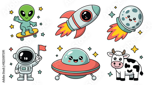 Cute space alien astronaut rocket moon cow