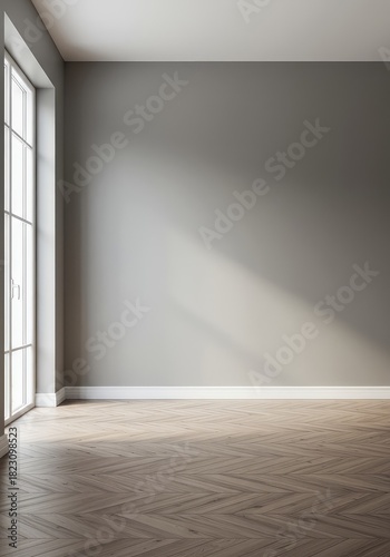 Clean, contemporary empty room interior featuring neutral gray walls, wooden flooring, and ample natural light, ideal for design templates and display mockups ,residential ,open ,floor