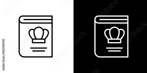 Single icon of a book with a crown symbol representing royalty or a special guide, shown on white and black backgrounds