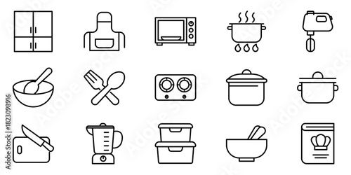 Kitchen Essentials Line Icon Set Depicting Cooking Tools and Utensils for Culinary Design