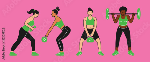 People woman wellness gym workout poses set