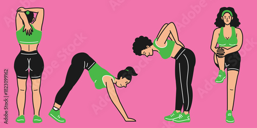 People woman wellness gym workout poses set