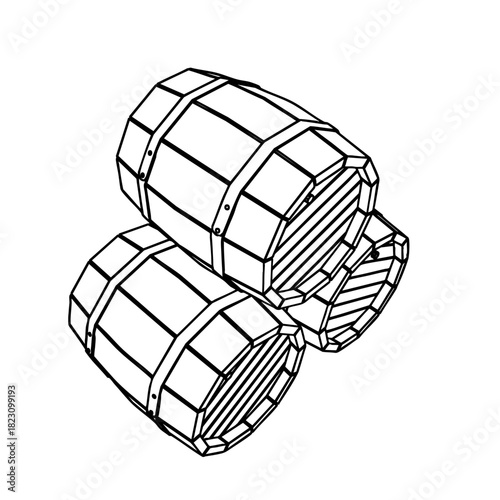 Outline for Coloring of Wooden Old Vintage Barrel with Metal Bands. Vector Illustration.
