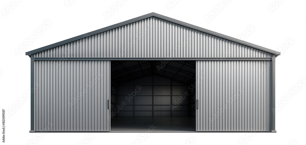 Fototapeta premium Steel-framed hangar featuring corrugated metal siding and spacious sliding doors.