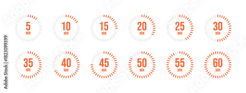 Circular Timer Icons with 5, 10, 15, 20, 25, 30, 35, 40, 45, 50, 55, 60 Minute Intervals and Time Segmentation Design