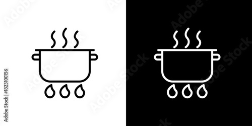 Simple line art icon representing a cooking pot on a stove with steam, symbolizing essential food preparation and hot meals in a modern kitchen setting