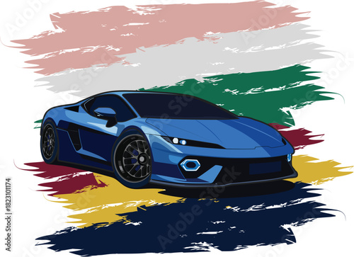 Blue Sports Car Illustration with Colorful Brush Stroke Background – Vector Automotive Art