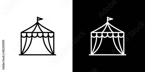Simple line art icon of a circus tent for entertainment and fair events, isolated on black and white backgrounds