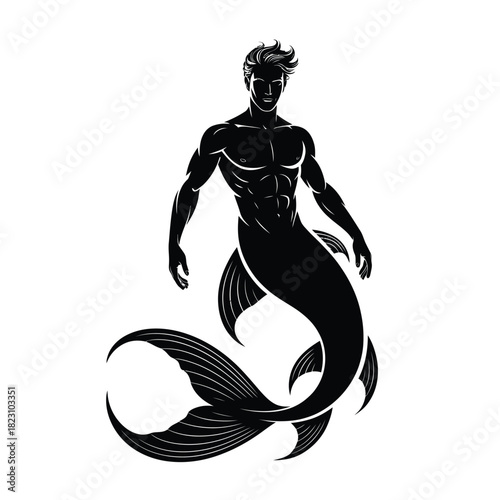 Silhouette of a muscular merman with a flowing tail against a white background