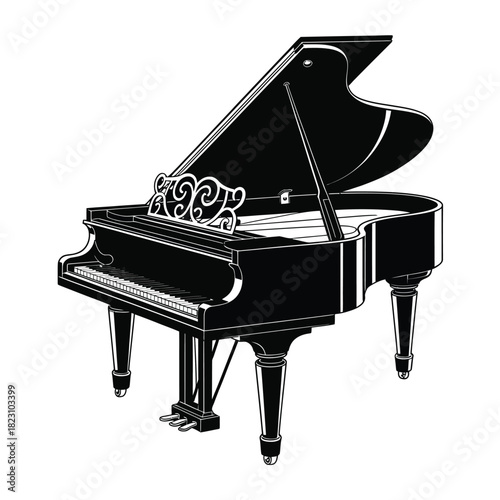 Elegant black grand piano with open lid and ornate music stand