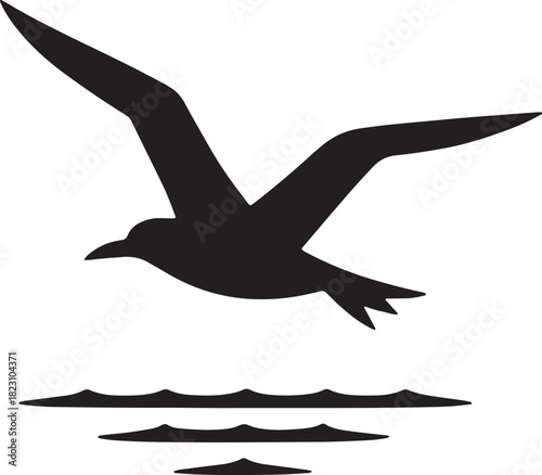Illustration of soaring bird above water in dark silhouette on transparent scene