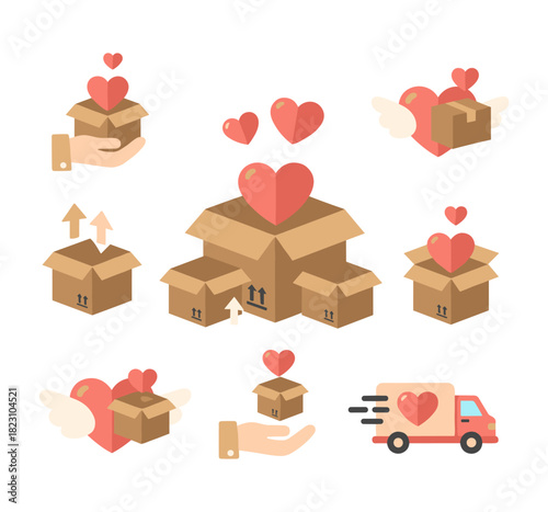 Donation charity love delivery package flat icons