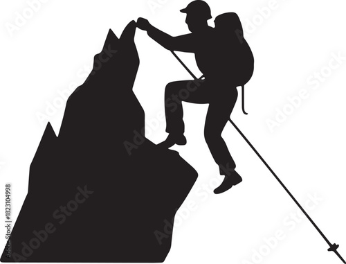 Mountaineer Climbs Peak of Mountain Silhouette with Rope for Alpinism Sport