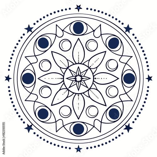 Mystical celestial mandala featuring moon phases and stars in a circular design with intricate patterns and a central starburst symbolizing cosmic harmony and spiritual enlightenment