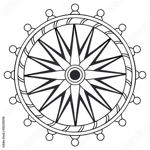 A stylized black and white line art illustration of a compass rose or starburst pattern with a circular outer rim adorned with small circles