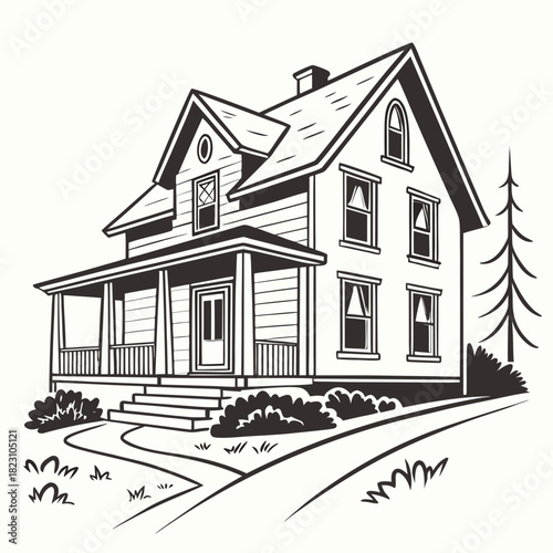 A charming black and white illustration of a two story house with a welcoming porch and a winding path leading to the front door