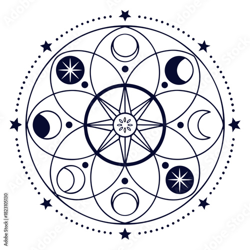 Mystical celestial mandala featuring moon phases and stars in a geometric sacred circle design for spiritual and esoteric concepts