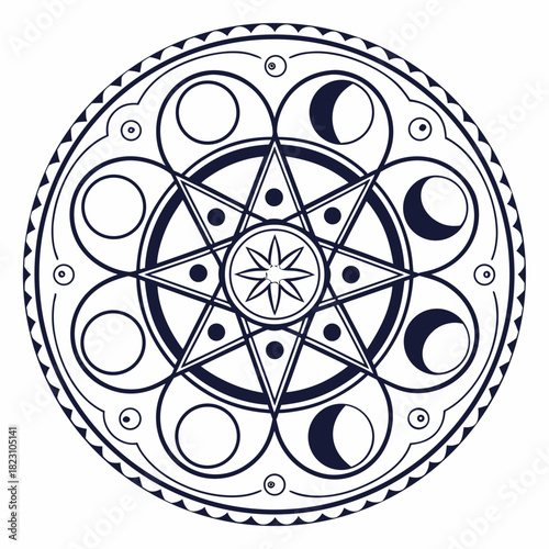 Celestial mandala featuring moon phases and star motifs in a symmetrical circular design with intricate geometric patterns and decorative elements