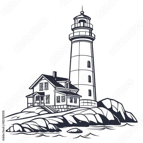 A classic black and white illustration of a tall cylindrical lighthouse standing proudly on a rocky coastline next to a keeper s house with gentle waves lapping at the shore