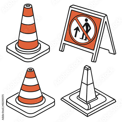 A collection of isometric vector illustrations featuring traffic cones and a temporary warning sign indicating no pedestrian entry due to ongoing construction or hazard