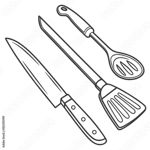 A simple line drawing illustration of three essential kitchen utensils including a chef s knife a slotted spoon and a spatula arranged diagonally on a white background