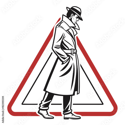 A mysterious man in a fedora hat and trench coat walks with hands in pockets inside a warning triangle symbol representing danger or caution