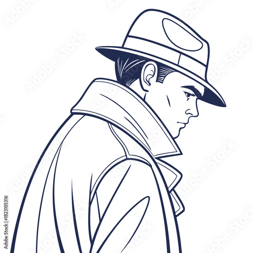 Stylized illustration of a man in a fedora hat and trench coat looking down with a serious expression rendered in a classic comic book art style with bold navy blue outlines on a white background