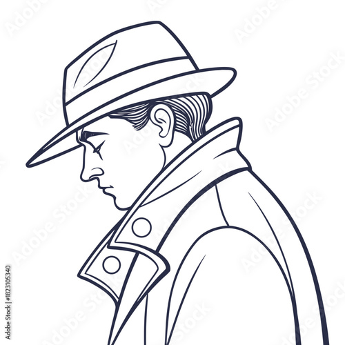 A stylized line art illustration of a man wearing a fedora hat and trench coat looking down with a thoughtful or mysterious expression evoking a noir or detective aesthetic