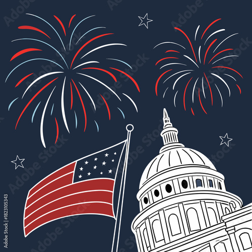 A festive illustration of the united states capitol building with an american flag and fireworks in the background celebrating national holidays and patriotism