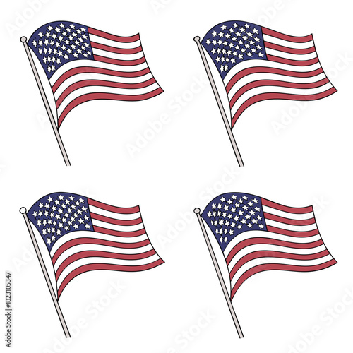 Four waving american flags on poles displayed in a grid pattern against a white background symbolizing patriotism and national pride