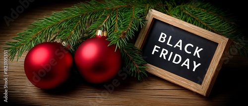 Black Friday Shopping Sales with Christmas Ornaments and Evergreen Branches
