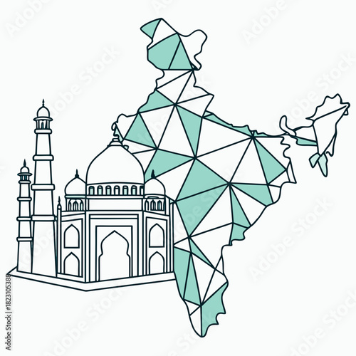 Stylized outline of india map with geometric patterns and iconic taj mahal monument illustration on a white background