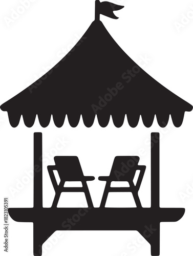 Silhouette of beach pavilion with two chairs for summer vacation concept