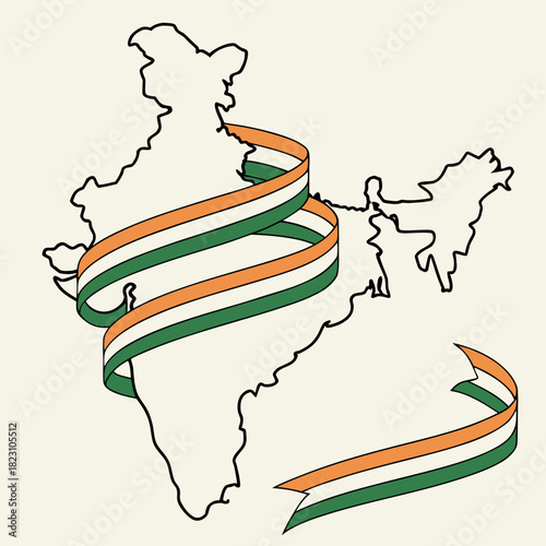 A stylized outline map of india is elegantly draped with a flowing tri colored ribbon in the national flag colors of saffron white and green symbolizing patriotism and national pride