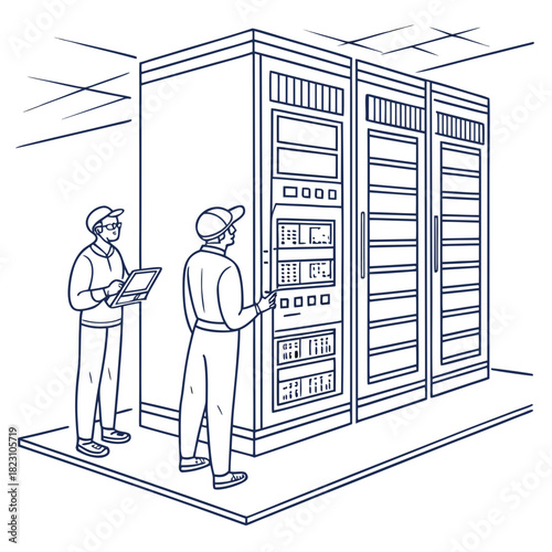 Two technicians in a server room collaborate on maintaining and monitoring complex data center equipment and network infrastructure