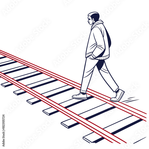 A solitary man in casual clothing walks confidently along a set of railroad tracks symbolizing a journey or a path forward