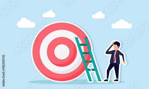 Businessman feeling confused as he tries to climb a target board with a ladder that has broken steps symbolizing challenges in achieving business goals