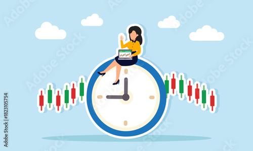 Businesswoman working on a laptop while sitting on a clock near candlestick charts representing stock market opening hours