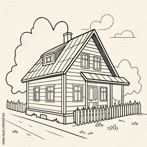 A charming rustic wooden house with a pitched roof dormer window and a small porch surrounded by stylized clouds and a picket fence presented in a clean line art illustration style