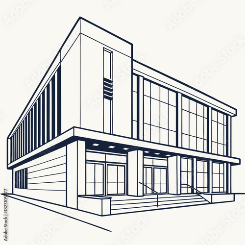 Modern architectural building facade with large glass windows and clean lines rendered in a minimalist line art style against a neutral background