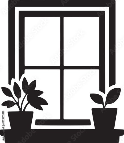 Window with plants on sill silhouette frame indoor decoration home design