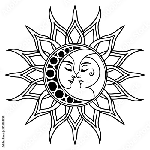 Stylized black and white illustration of the sun and moon embracing in a celestial kiss symbolizing duality and cosmic harmony
