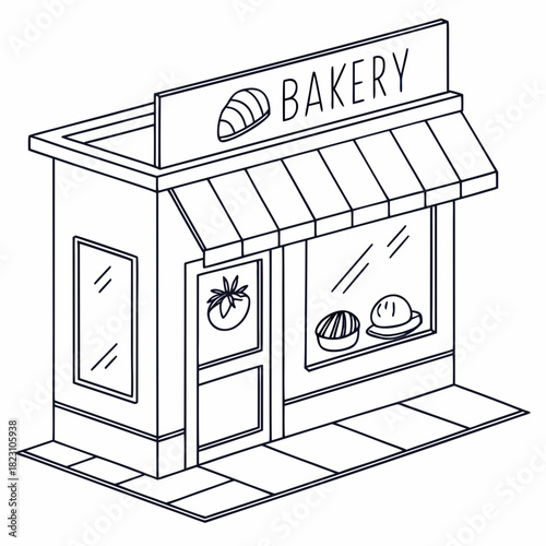 A charming isometric line drawing of a small bakery storefront featuring a striped awning display window with baked goods and a sign that says bakery with a croissant illustration