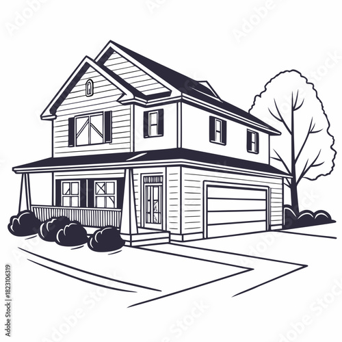 A detailed line drawing illustration of a classic two story suburban house with a welcoming front porch attached garage and a mature tree in the yard
