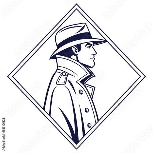 Retro detective in a fedora hat and trench coat shown in profile within a diamond frame conveying mystery and classic noir style