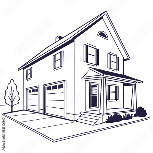 A charming two story detached house with a double garage front porch and a small tree in the yard rendered in a clean line art style