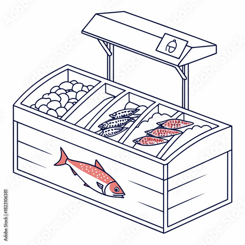 A stylized isometric illustration of a fish market stall displaying fresh seafood in chilled compartments with a price sign overhead and a prominent fish graphic on the front